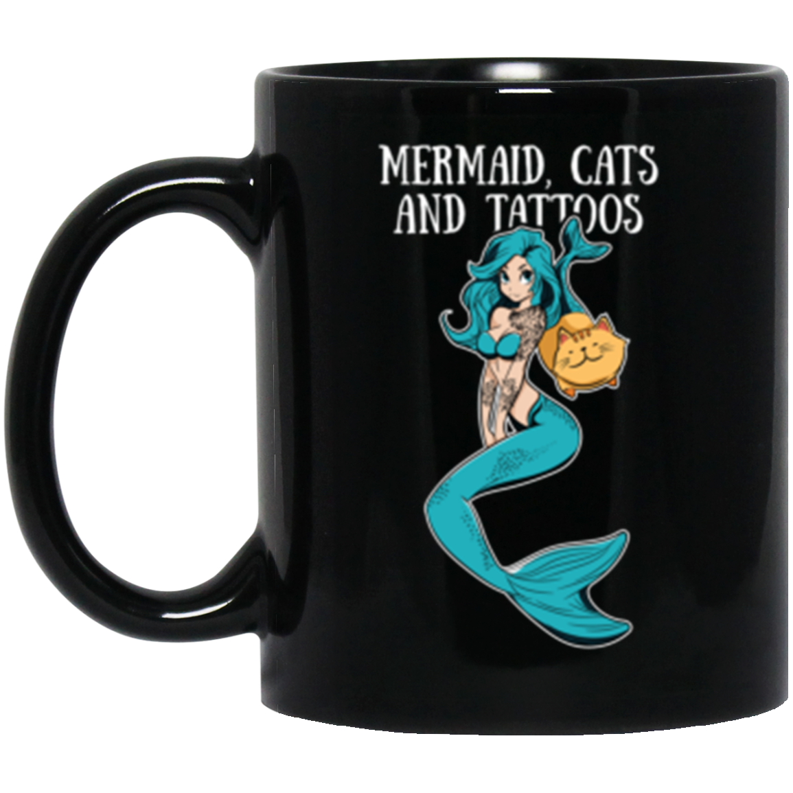 Mermaid and Cats 11 oz. Black Mug